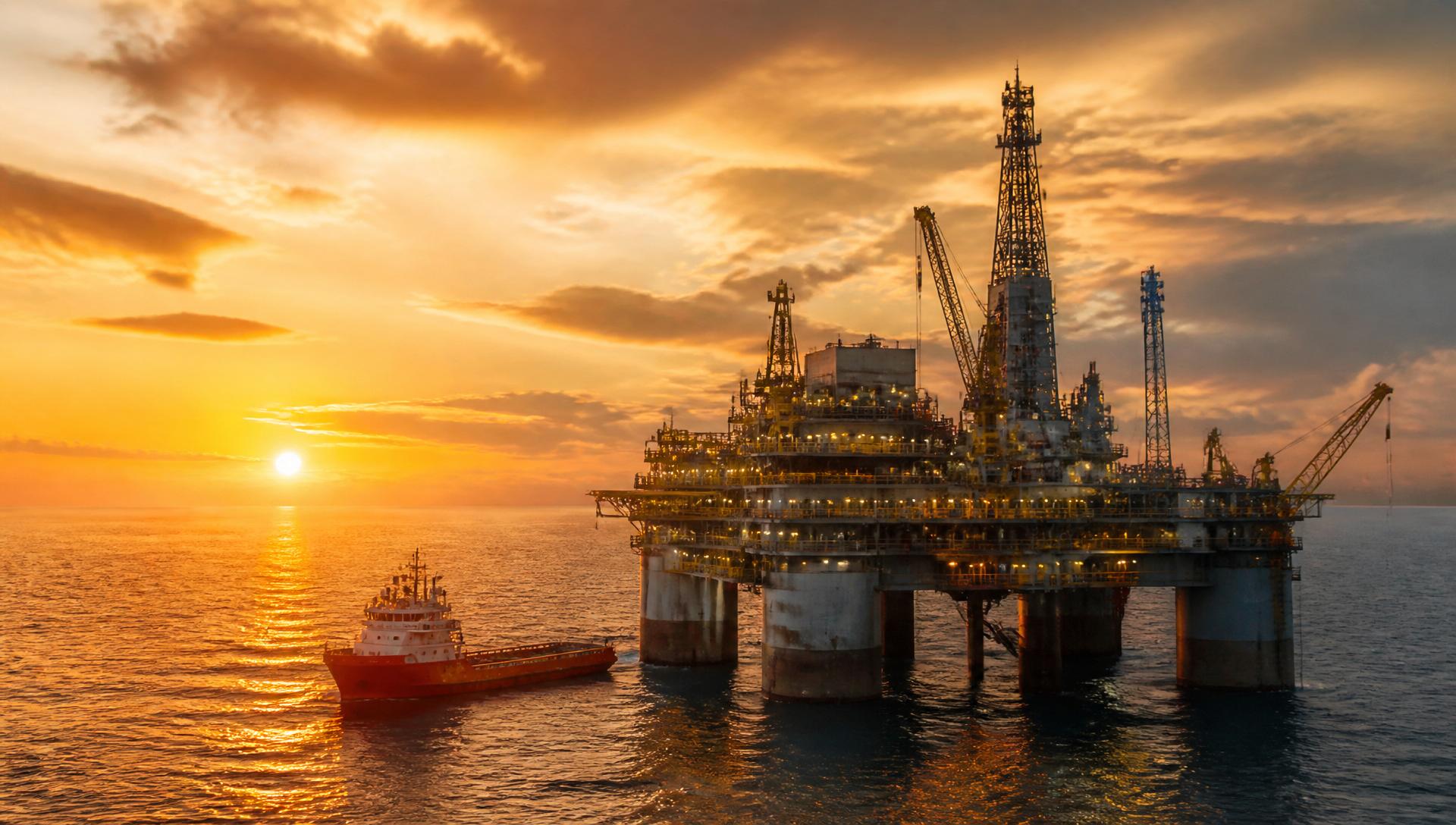 Offshore oil and gas platform with a supply vessel at sunset