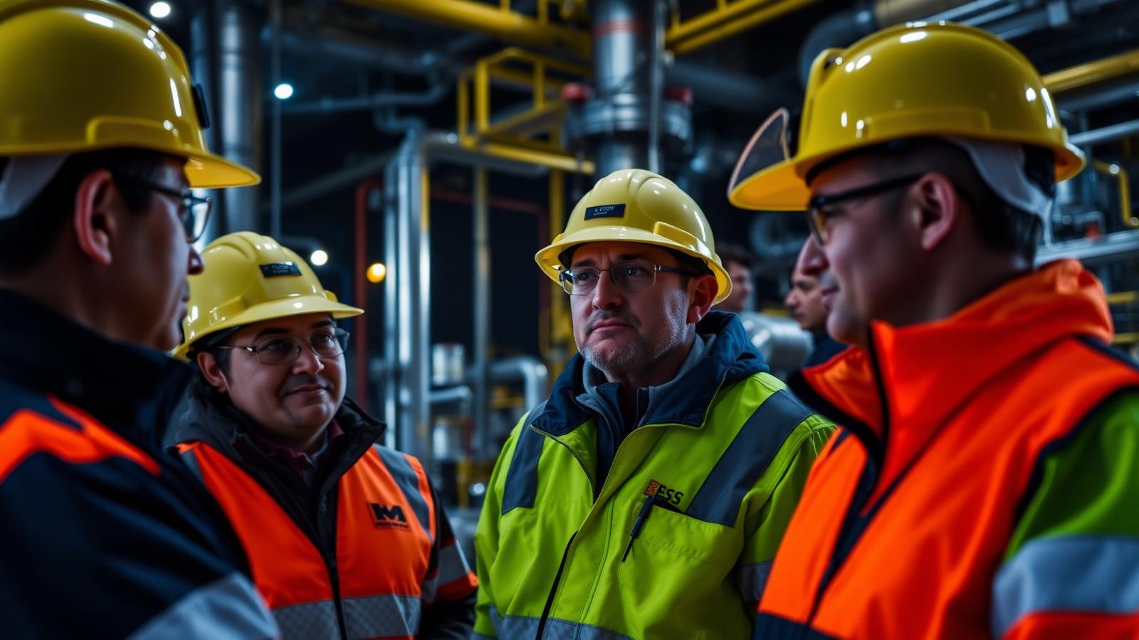 Safety officers reviewing procedures at an industrial gas facility